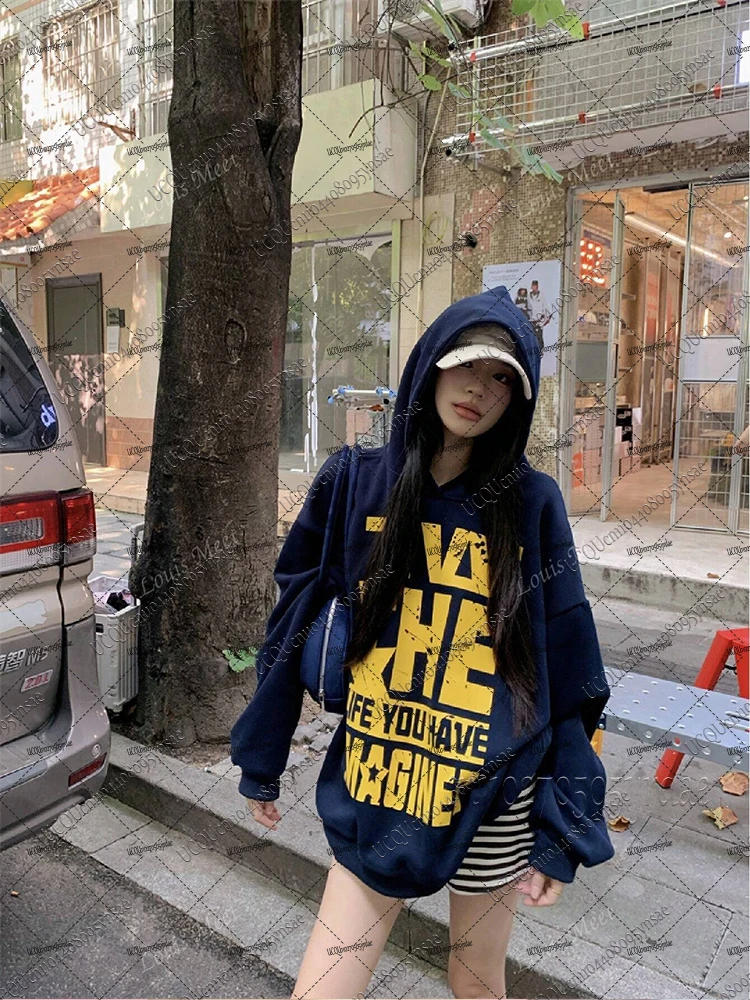 Sweat-shirt à capuche avec Slogan rétro américain pour femme, surdimensionné, ample, de rue, gothique, automne et hiver