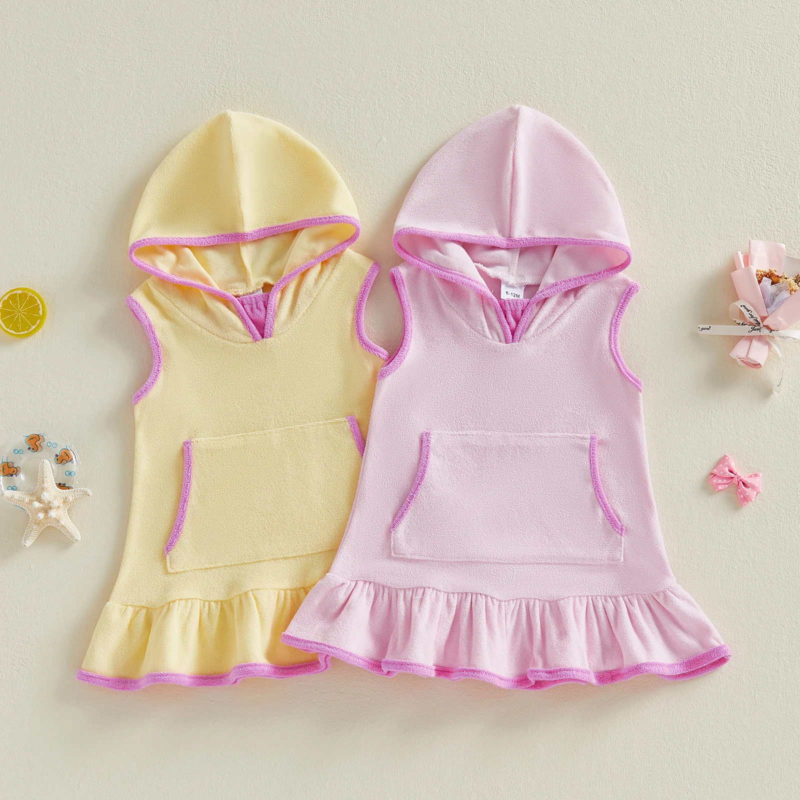 Little Girls Swimsuit Cover Up Fashionable Comfy Contrast Color Sleeveless Ruffled Hem Bathing Suit Dress