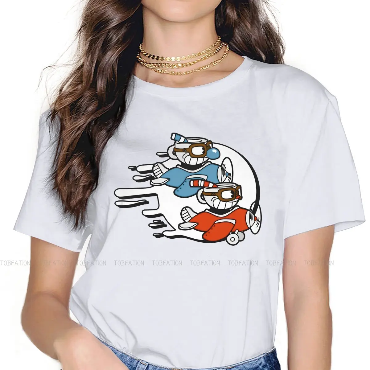 Cuphead Mugman Game Girls T Shirt Fly A Plane Female Tops Harajuku Funny Tees Ladies 5XL Cotton Tshirt