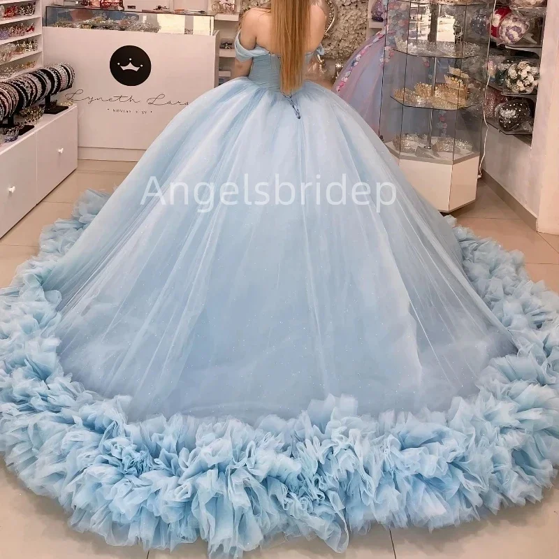 Angelsbridep ชุดเดรสราตรีสำหรับเด็กผู้หญิงชุดกระโปรงเปิดไหล่มีระบายสำหรับชุดไปงานเต้นรำ2025ชุดเดรสชุดเดรสปาร์ตี้ราตรี