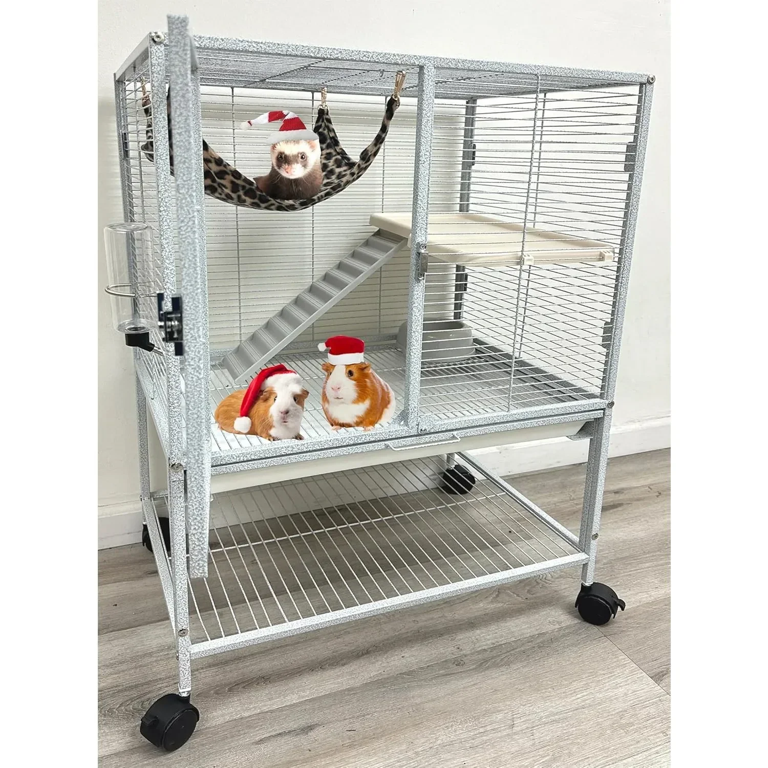 

2-Level Double Front Doors Chew Free Feisty Small Animal Home Wrought Iron Cage Tight 1/2-inch Bar Spacing Rolling Stand Hammock