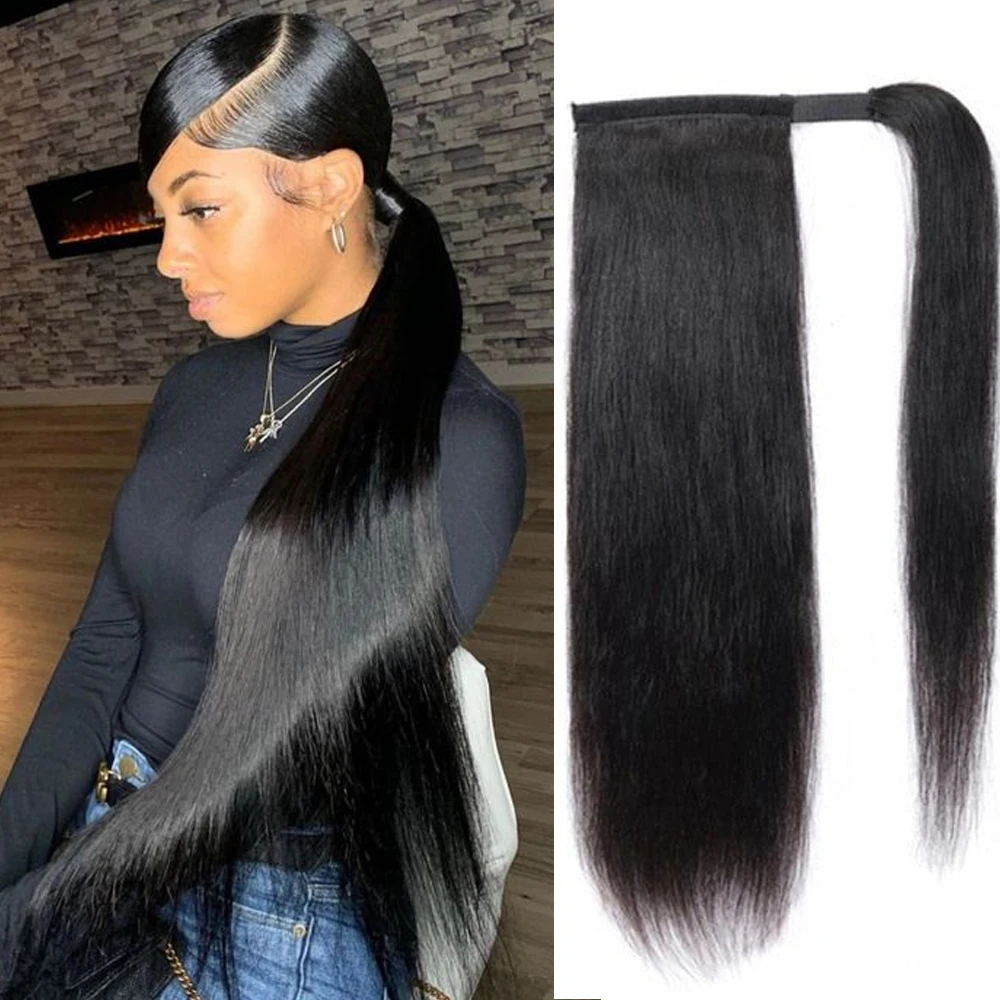 Straight Ponytail 8 - 32 Inches Machine Made Magic Wrap Around Clip In Ponytail Black Remy Brazilian Human Hair Extensions