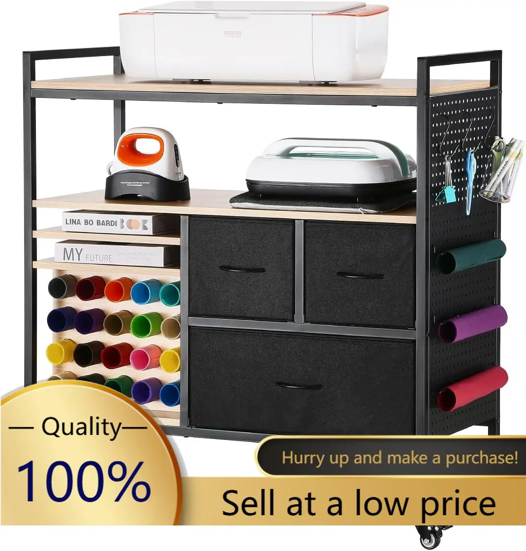 Rolling Craft Cart and Storage Table, Compatible with Cricut Machines, Crafting Table Organization Workstation, Craft Rolling St