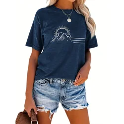 Women's Fashion T-shirt Summer Round Neck Short Mountain Sun Pattern Loose and Comfortable Clothing Women's Trendy Party T-shirt