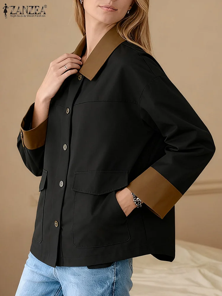 2025 ZANZEA Autumn Stylish Lapel Neck Long Sleeve Cardigan Shirts Women Outwears Patchwork Tops Casual Buttons Down Thin Coats