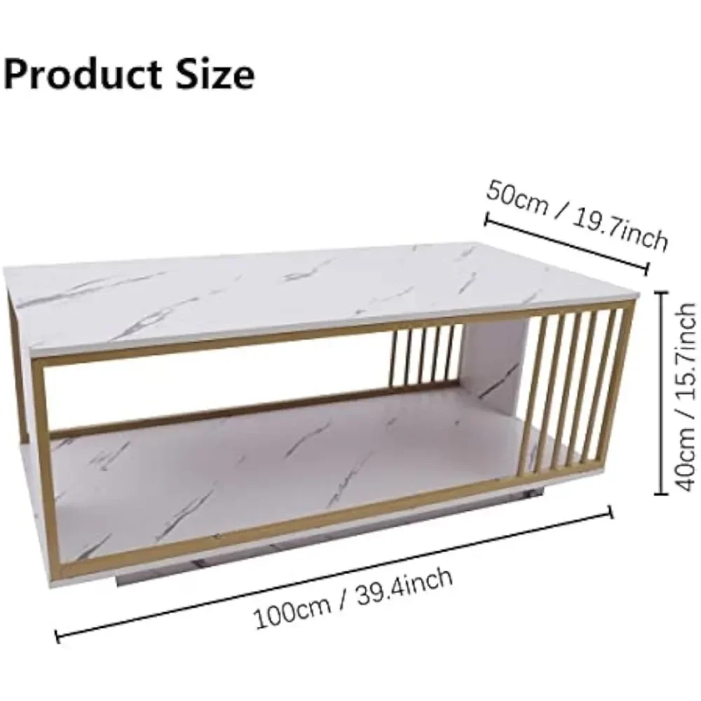 Mesa de centro de mármol de imitación de 2 niveles, mesa de centro blanca moderna, mesa de sala de estar con almacenamiento abierto, mesa de cóctel Rectangular