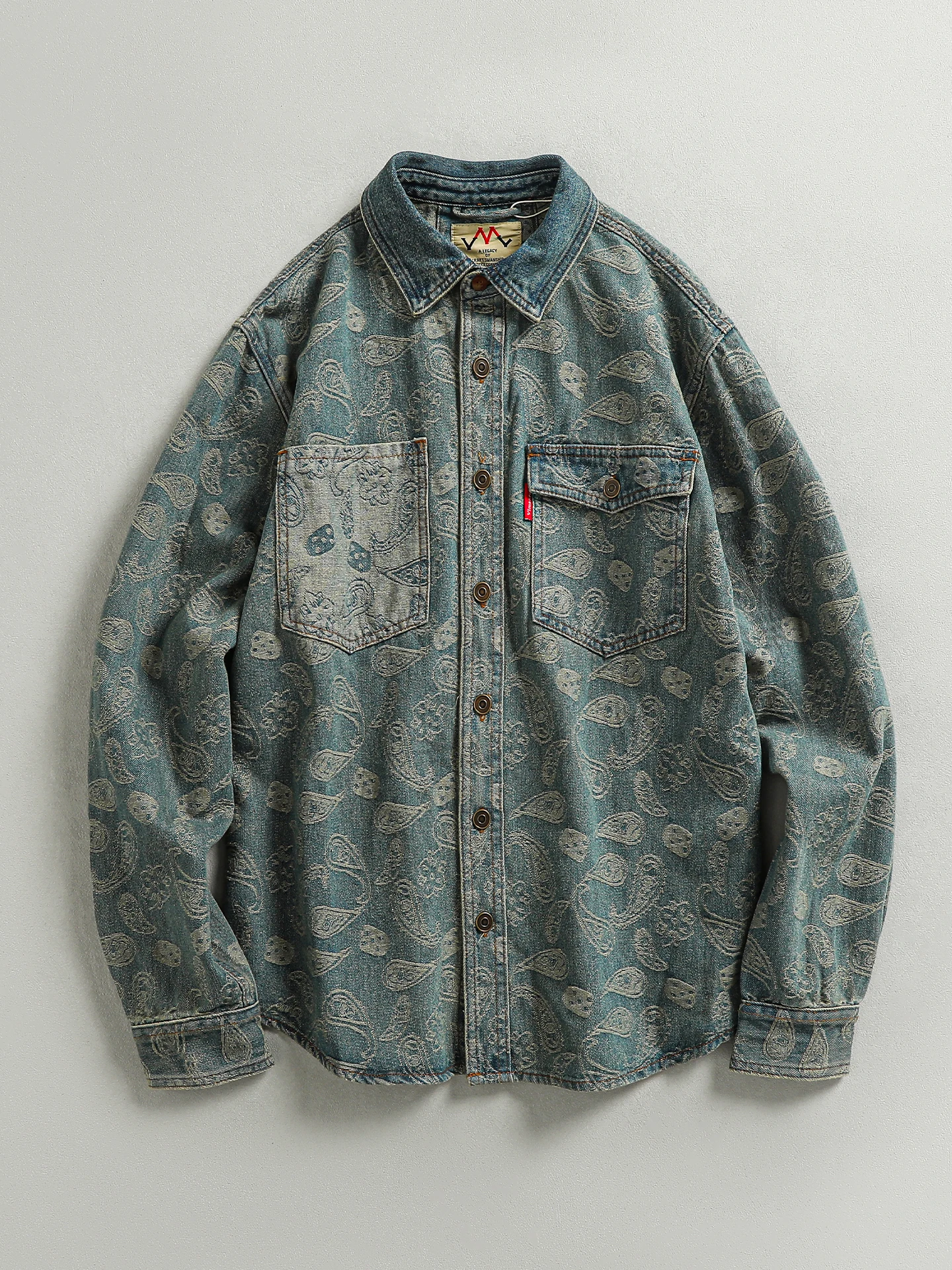 

Retro American Style Men's Denim Long Sleeve Shirt Color Woven Waistnut Flower High Street Trend Workwear Pocket Cotton Polye...