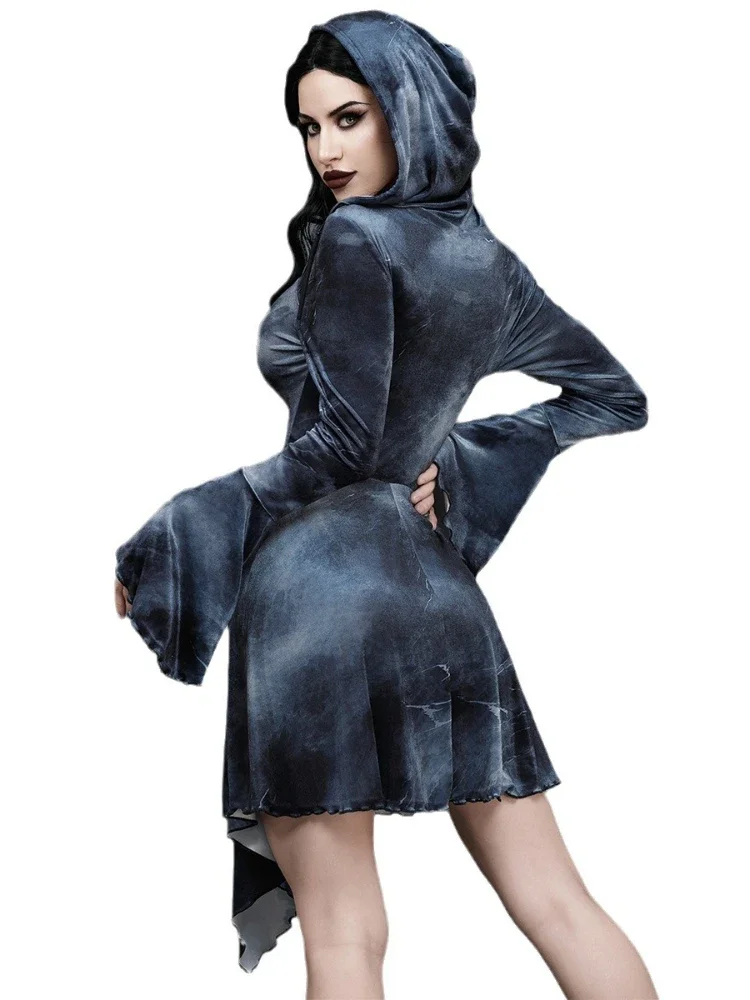 2024 New Gothic Women Dark Style Retro Punk Dress Halloween Dark Vintage Y2K Grunge Hooded Irregular Horn Sleeve Velvet Dresses