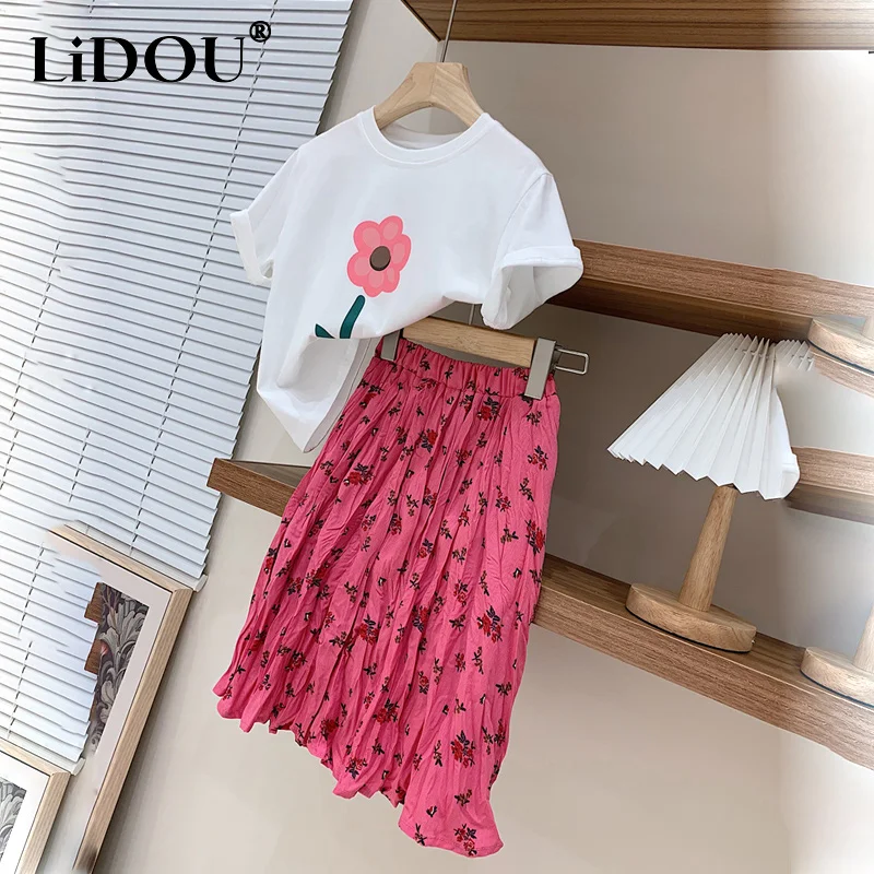 

Summer Cute Casual Fashion Girls Clothing Sets Flower Top +Pleated Floral Skirt Kids Outfit Kawaii Sweet Children's Clothes Suit