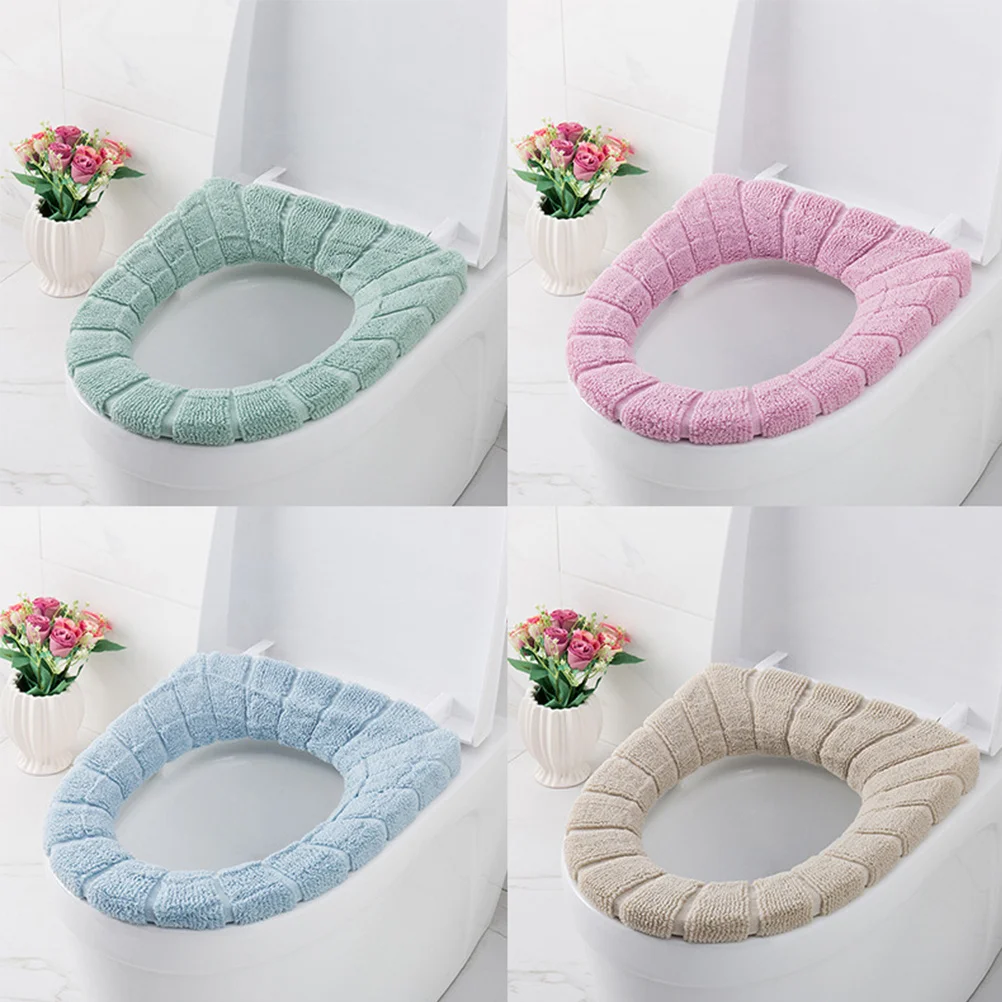 

2pcs Toilet Seat Cover Thick Acrylic Fiber Warm Non-Slip Washable Reusable Stretchable For Round Toilet Universal Pads Home Use
