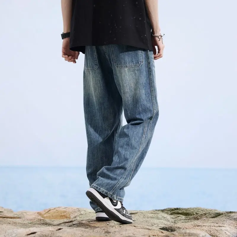 Stretch-Jeans für Herren, Baumwolle, Qualität, weich, locker, weite Hose, elastische Taille, lässige Denim-Hose, Streetwear, Baggy-Jeans für Herren, Sommer