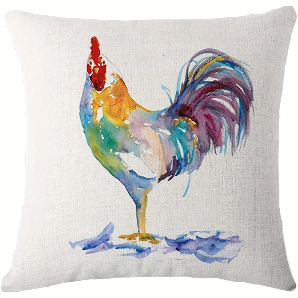 1pc Vibrant Watercolor Rooster Decorative Pillowcase - Soft Linen Material, Rural Farmhouse Style, Featherless Design