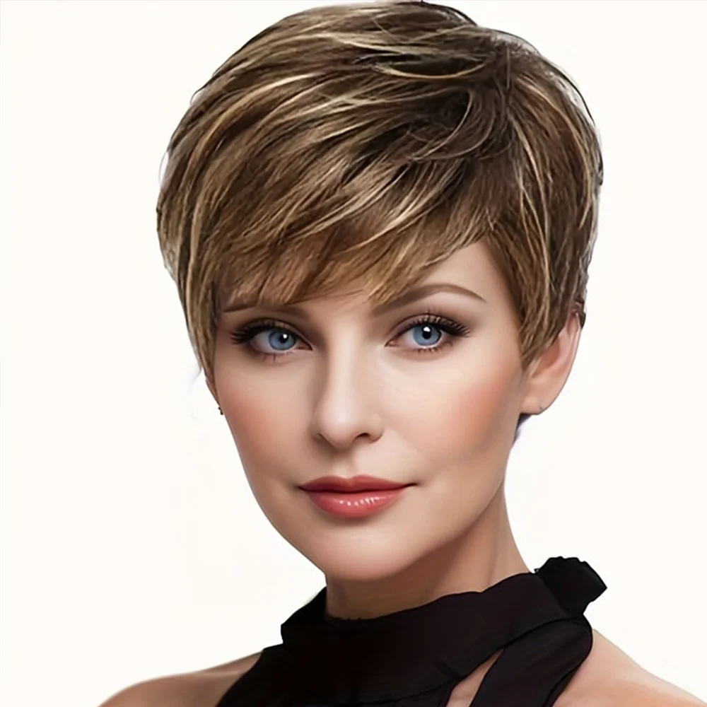 10 Inch Synthetic Brown Mixed With Light Gold Wigs For Women Short Curly Wig Daily Use Halloween Music Festival Wedding Ball