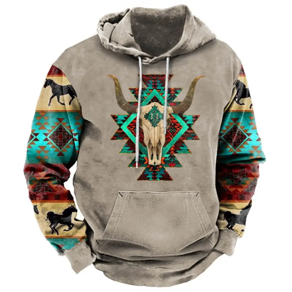 North America Demon Wendigo Print Men's Hoodie Western Cowboy Hooded Sweatshirt Oversized Harajuku Clothes Vintage Streetwear