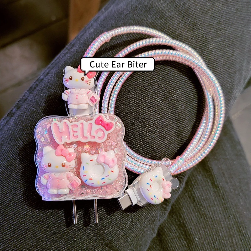 かわいいハローキティ充電器データケーブルケース電話用 20 ワット充電器ケース保護カバー巻線キットアンチブレイク保護