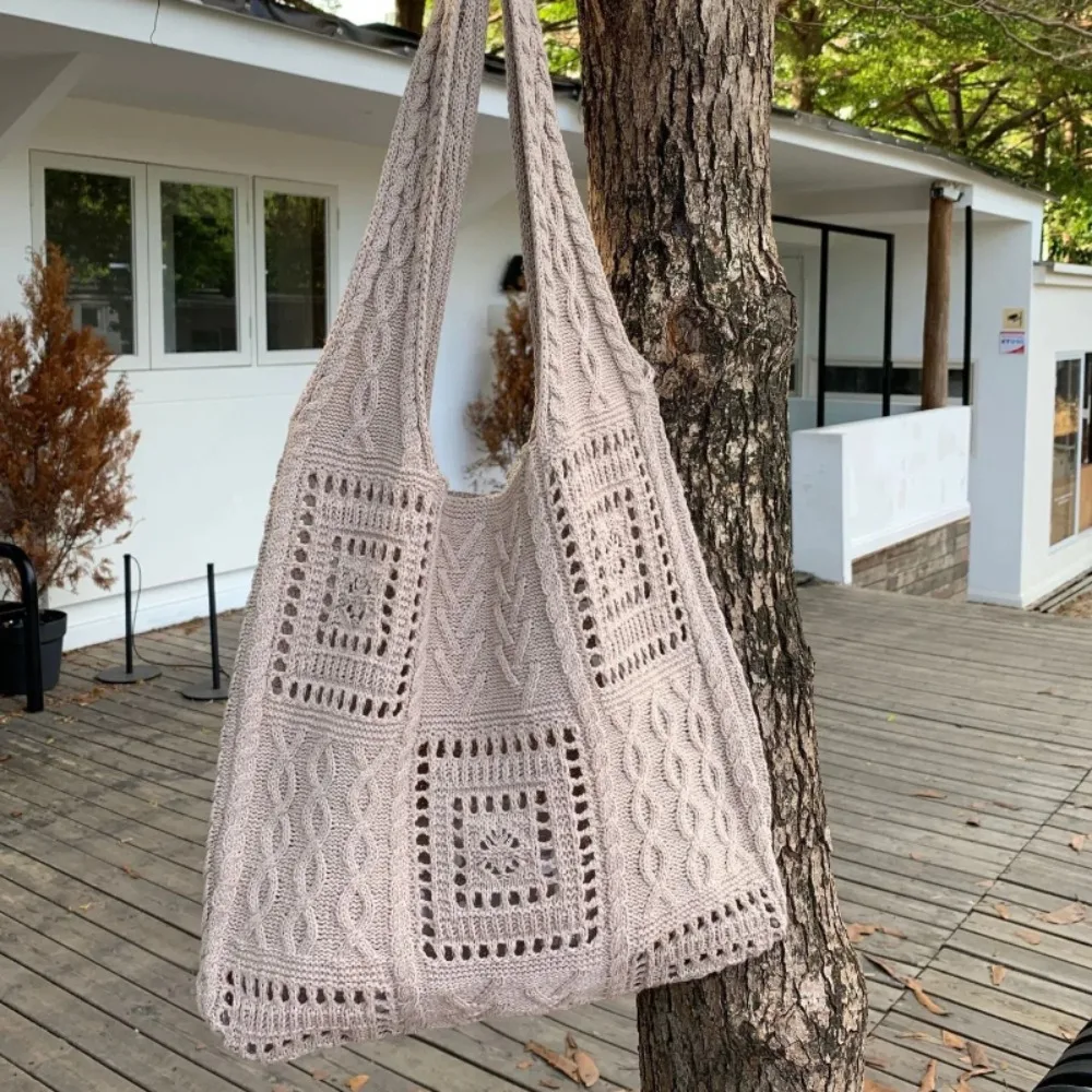 Tas Tangan Rajutan Manis Tas Bahu Belanja Kapasitas Besar Berongga Tas Pantai Musim Panas Warna Polos Poliester Setiap Hari