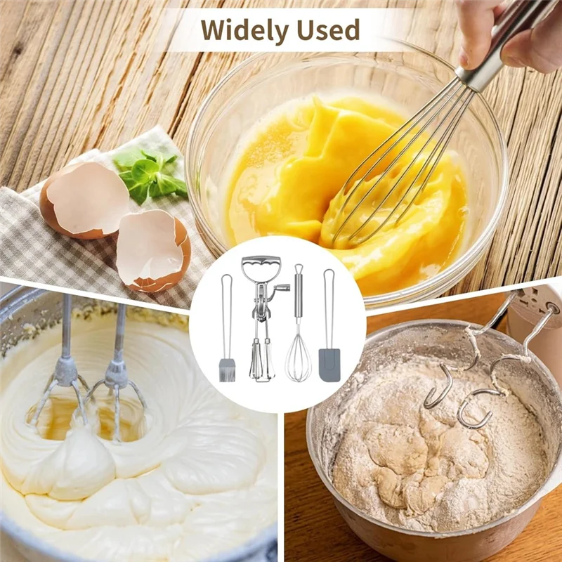 ABJI-Manual Rotating Beater, Rotary Egg Beater Set, Silicone Brush& Spatula, Double-Head Hand Push Whisk With Mixer