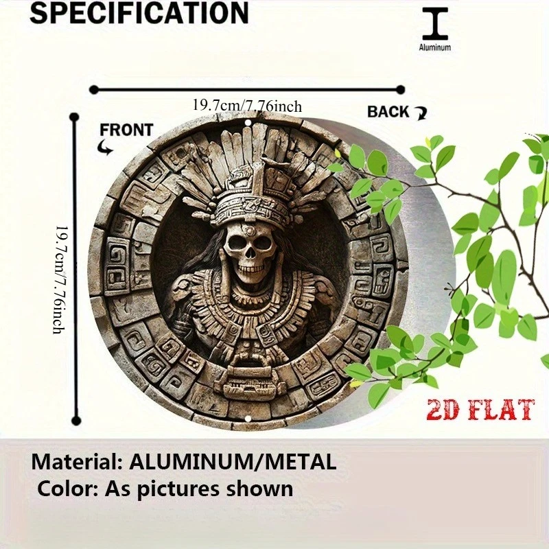 [2D Flat] 1pc Mayan Skull Calendar Metal Poster - Round Wall Art, Inspired Aztec Design,Intricate Carvings for Living Room Decor