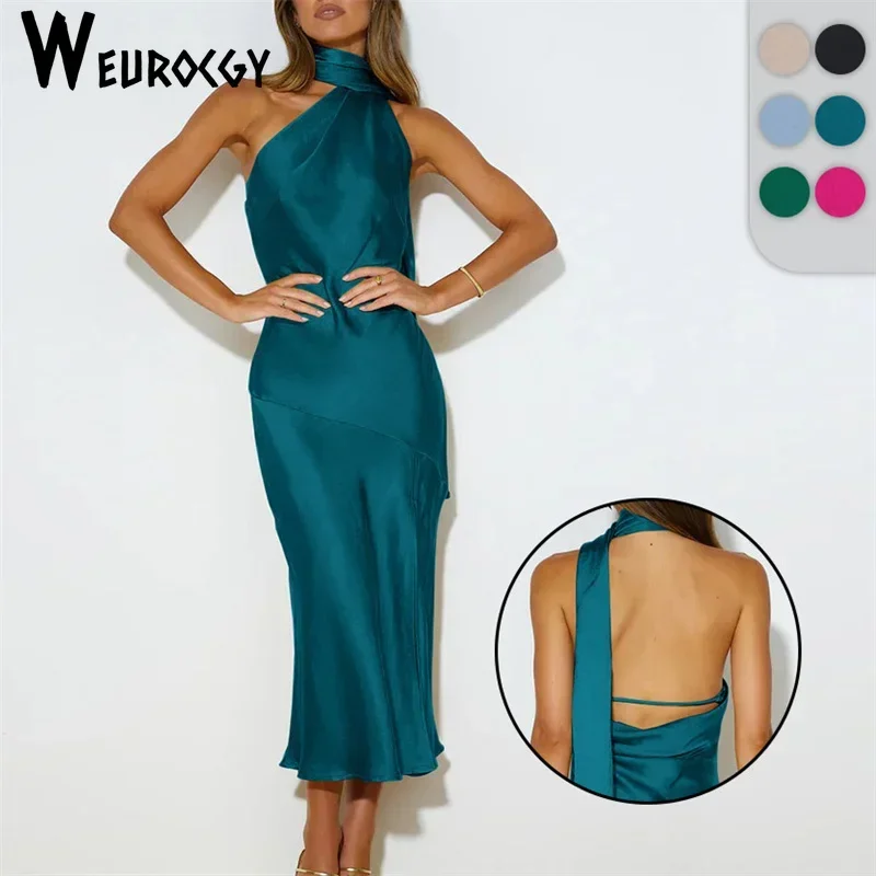 2023 Summer Women Party Dress Fashion French Elegant Long Satin Backless Solid Color Fashion Sleeveless Sweet Evening Dress