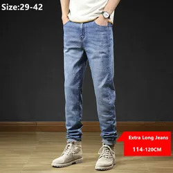 Jeans jeans azul extra longo para homens, calças retas, slim fit, elásticas, calças masculinas grandes, grandes, esticadas, plus size, 114cm, 120cm, 42 cm, 40 cm