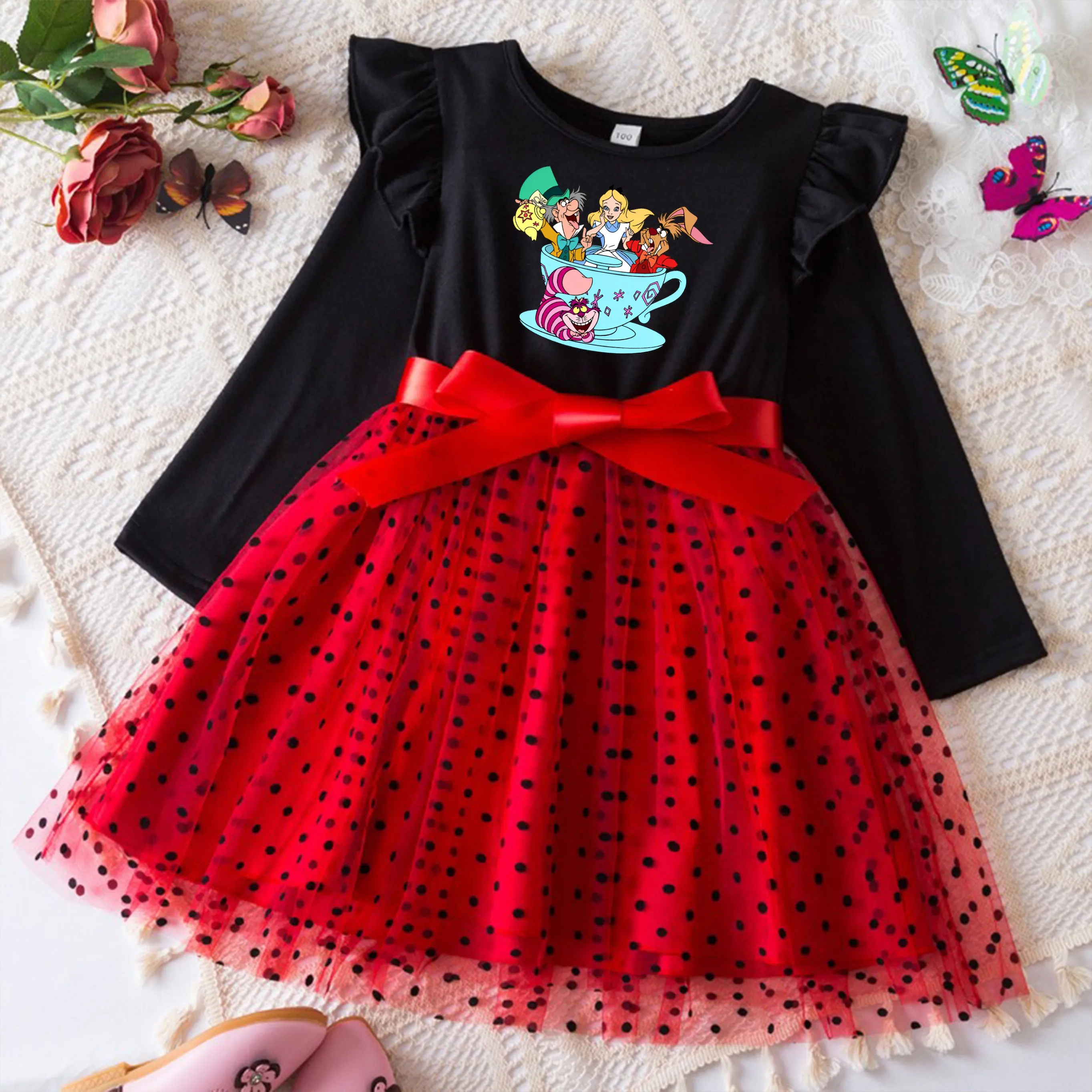 Alice in Wonderland Girls Long Sleeve Fall Dresses Princess Costume Autumn Children Clothing Red Christmas Party Dress 3-7Yrs