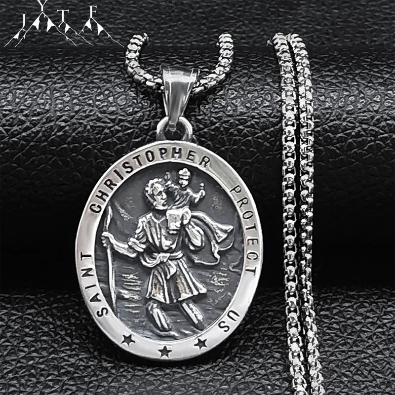 Saint Christopher schützen uns Kreuz Medaille Halskette Edelstahl Erzengel Heiligen Schutz Amulett Halsketten Schmuck nzz303s05