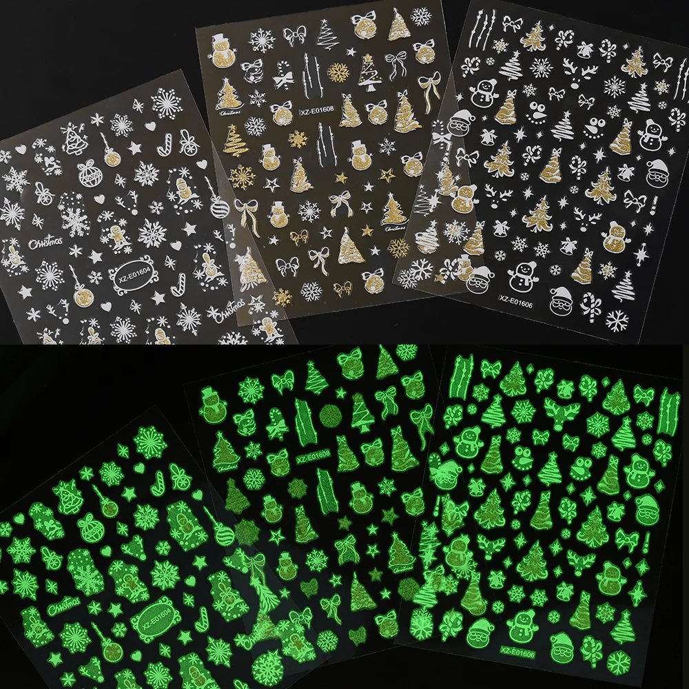 12Pcs/Set 3D Luminous Christmas Snowflakes Nail Stickers Snowman Elk Xmas Tree Bow Bell Nail Decals Winter Nail Art Decorations