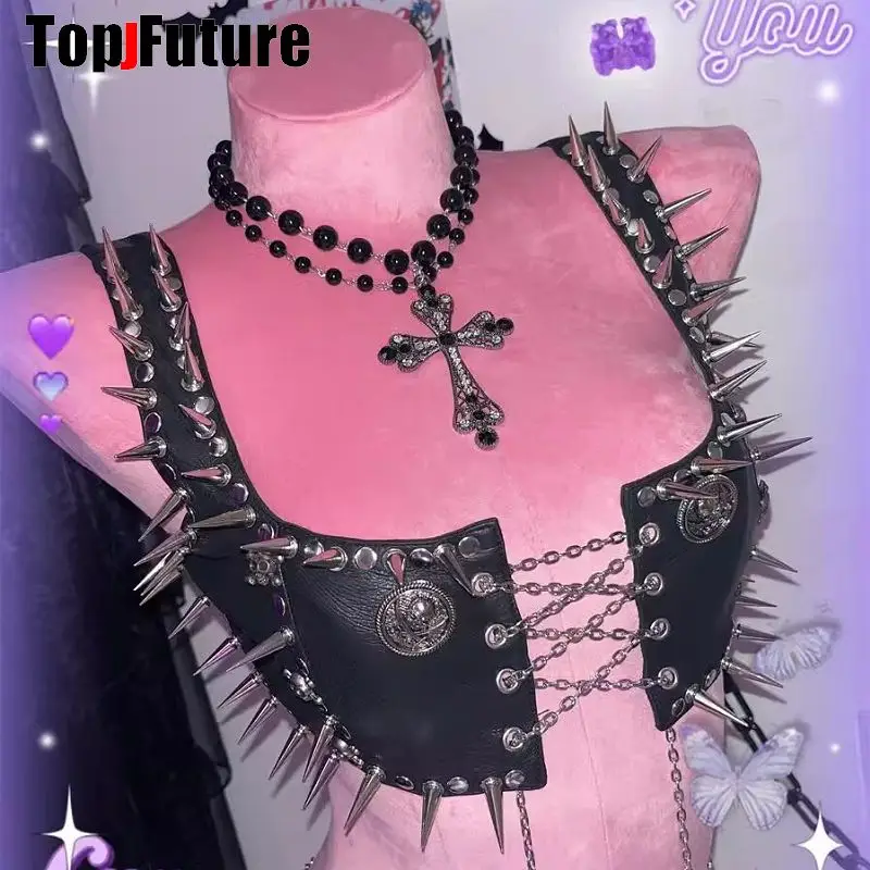 Kobiety Gothic Lolita Punk Harajuku Streetwear Y2K Girl Steampunk Belt Spike Trim Crop Tops Rivet Skeleton Metal Chain Tank Top