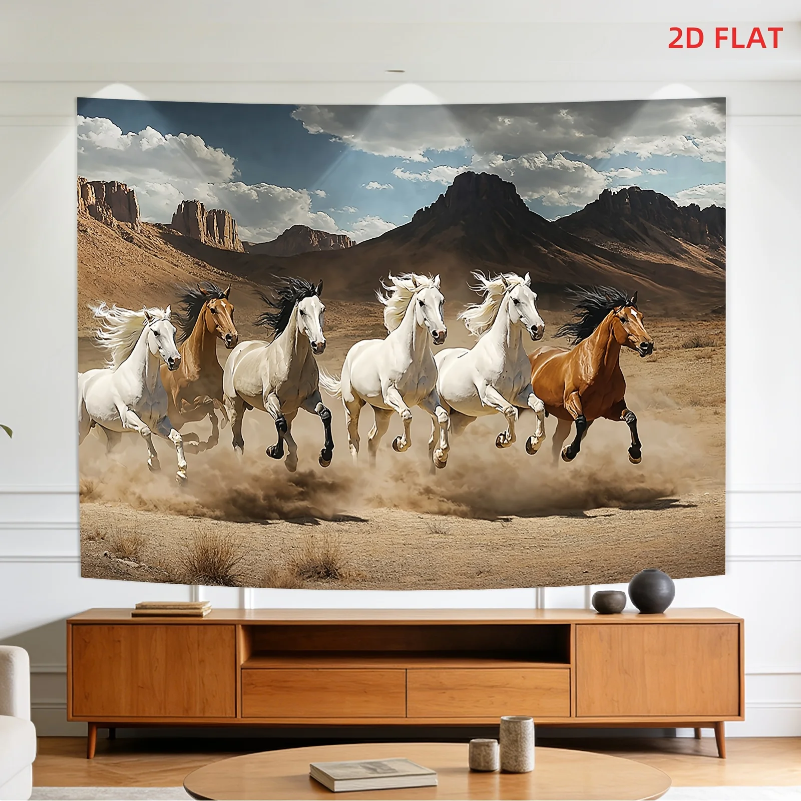 Galloping Horses Tapestry, Wild Mustang Herd Wall Hanging, Western Desert Landscape Decor for Living Room Bedroom Background