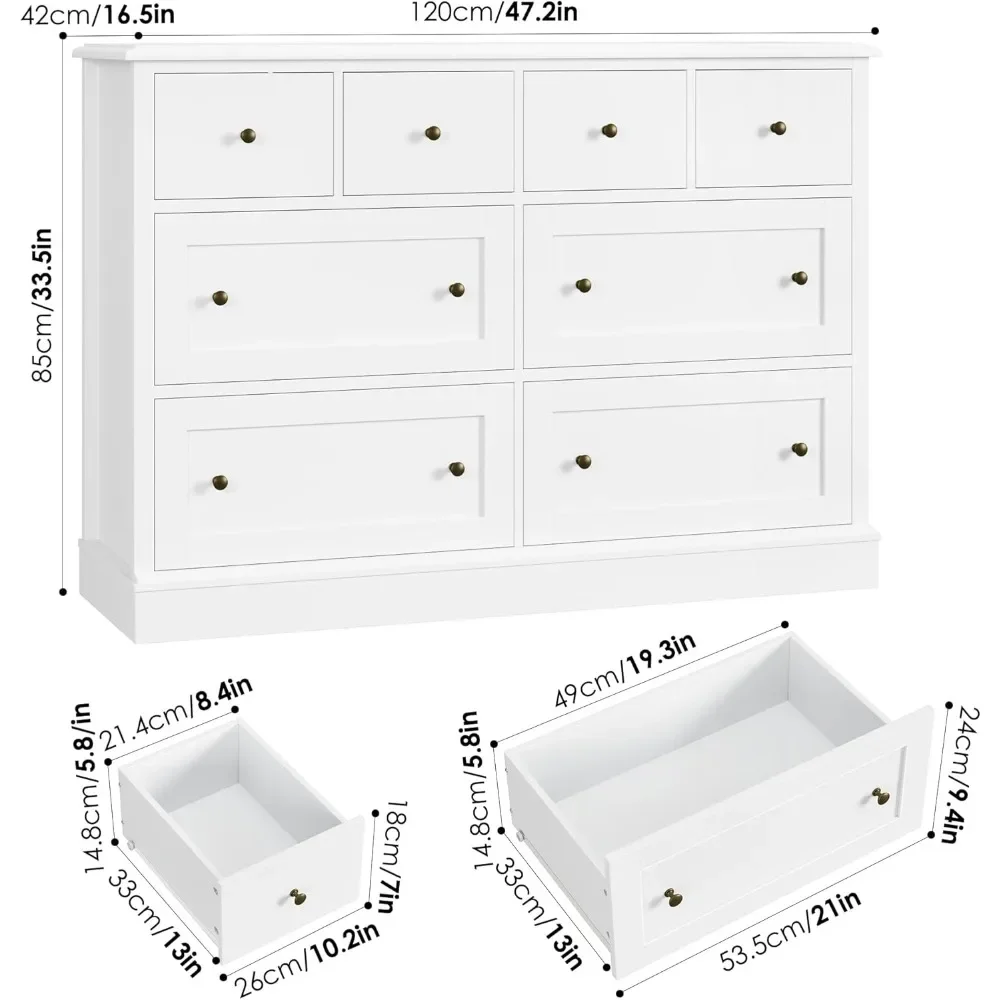 White Dresser 8 Drawer Dresser,47.2