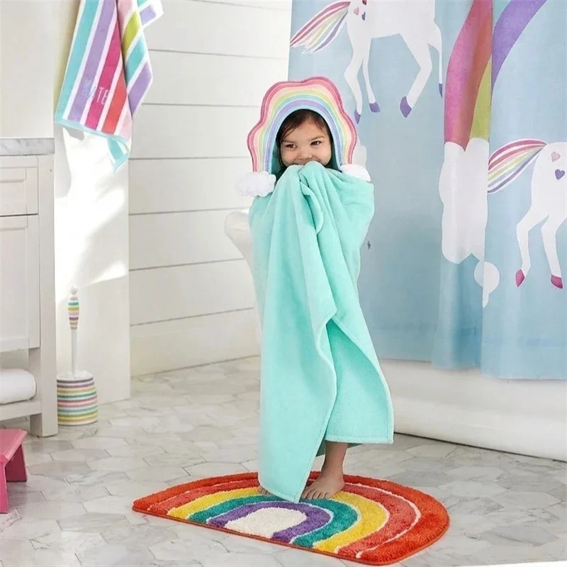 Half Moon Rainbow Cartoon Door Mat Soft Non Slip Absorbent Bath Rug Bathroom Entryway Shower Decor For Kids Teens Cozy Gift