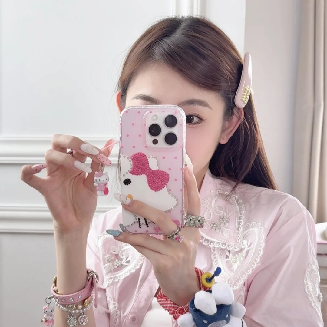 Rhinestone Bling Crystal Hello Kitty Polka Dot Phone Case For iPhone 16 12 13 14 15Pro Max Transparent Bumper Cover With Pendant