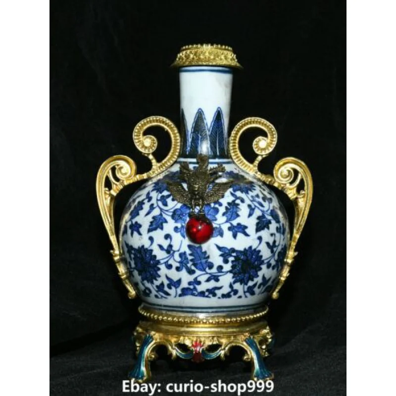 

Qianlong Bronze Gilt Inlay White Blue Porcelain Phoenix Bird Flower Bottle Vase