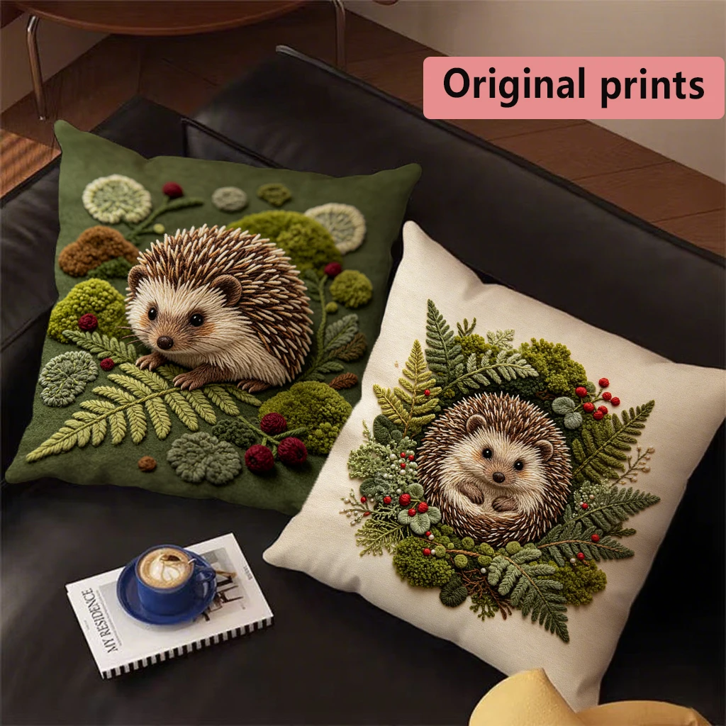 Cute Hedgehog Forest Pattern Cushion Cover Suitable for Sofa Bedroom Car Pillow Cover
