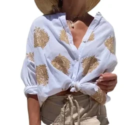 Camisa de cardigã de manga comprida de peito único feminina, blusa casual estilo praia feminina, elegantes tops estampados, feriado, primavera e outono, 2024