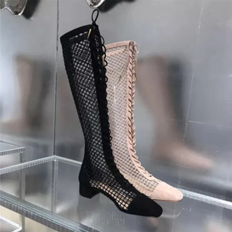 

Mesh Hollow Chunky Heel Summer Boots Woman Summer 2025 Fashion Sexy Breathable Rear Zip Cross Straps Knee High Shoes for Women