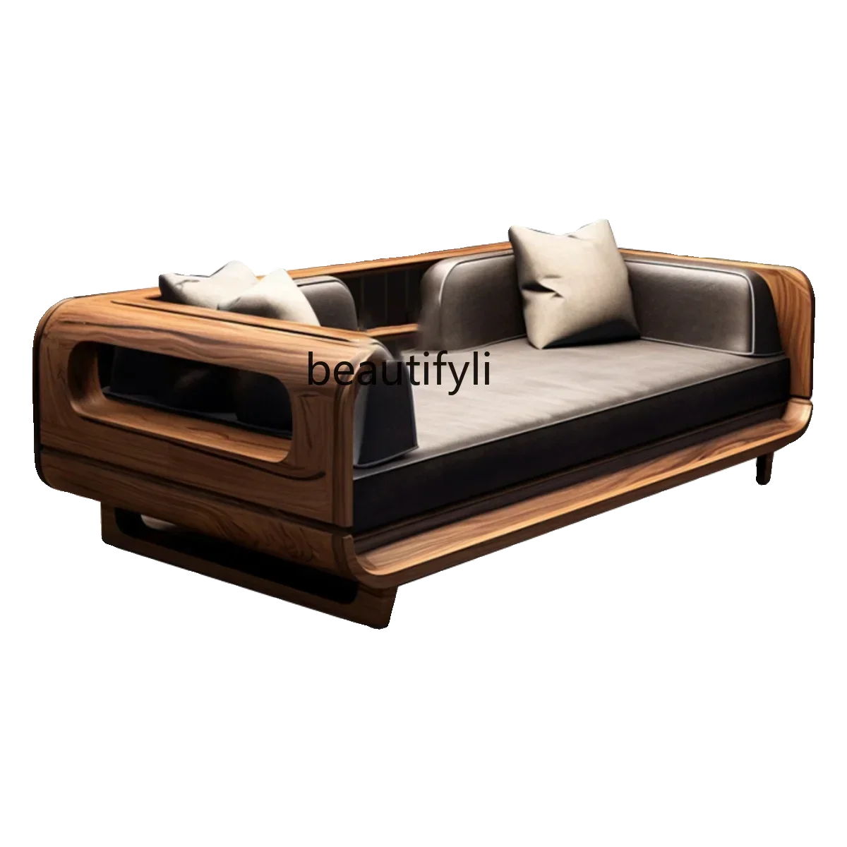 

New Chinese Zen solid wood sofa bed living room, North American black walnut, chaise longue arhat bedHY