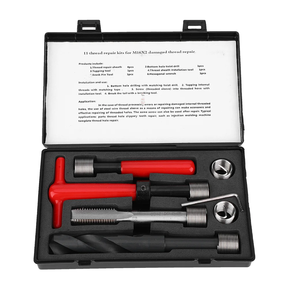 

11Pcs Thread Repair Kit Stainless Steel Twisted Drill Tap Wrench Threaded Insert Tool M16x2