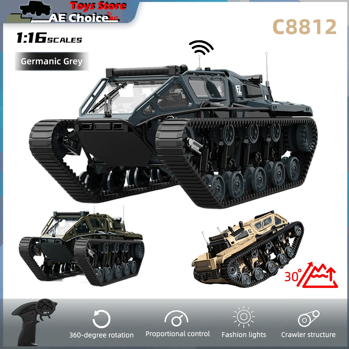 

JJRC C8812 RC Tank 2.4GHz Full Scale Tracked Tank RC Car 360 Degree Rotation Drift Remote Control Off-Road Vehicle Toys for Boys