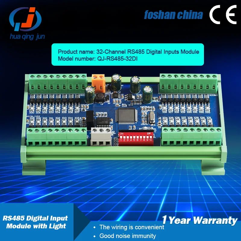 Huaqingjun 32-Channel RS485 Digital Inputs Module Data Acquisition Modbus RTU Communication Board for PLC QJ-RS485-32DI