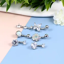 5pcs Synthetic Opal Synthetic Crystal Cubic Zirconia Butterfly Heart Navel Rings, 6mm Stainless Steel 14G Navel Rings, Navel Pie