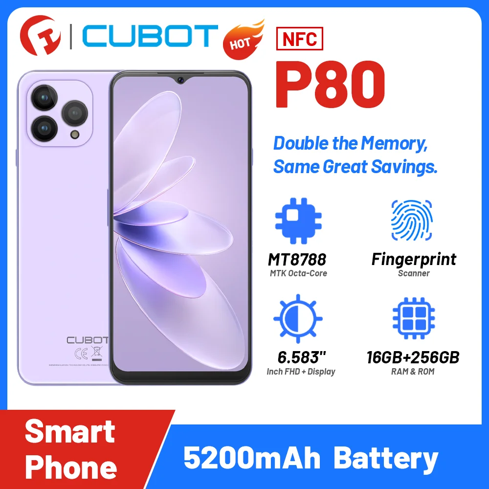 

Cubot P80 Global Version 8GB+256GB Smartphone, 5200mAh, 48MP, Dual Sim ,6.58" Cellphone Android 13, NFC, 4G Mobile Phone