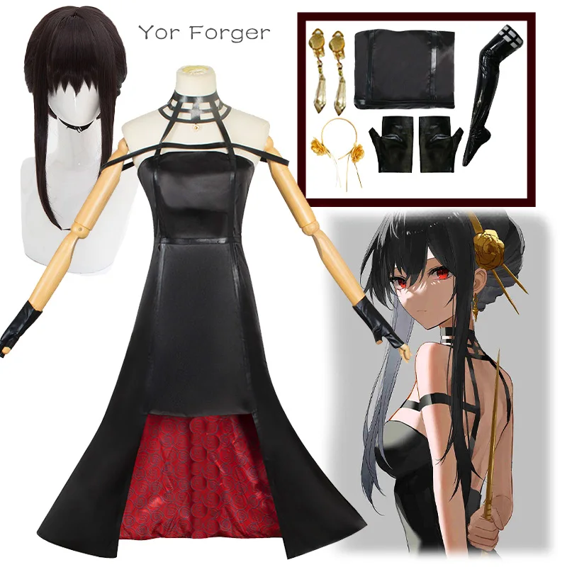 Yor Forger disfraz de Cosplay para mujer, peluca de Killer Assassin, vestido negro Halter gótico, accesorio para fiesta de Halloween