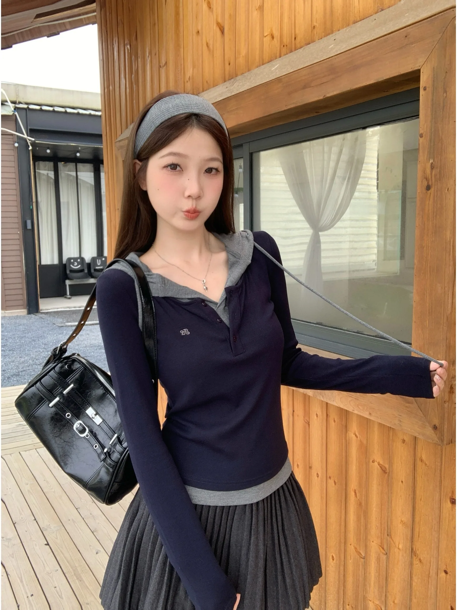 

plus Size Women's American Retro Hooded Long Sleeve T-Shirt Autumn New Style Slimming Versatile Design Color Block Top