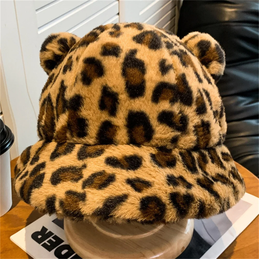 2022 New Women Winter Fluffy Bear Ear Plush Bucket Hat Fashion Ladies Warm Faux Fur Fisherman Cap Panama Gorra De Pescador