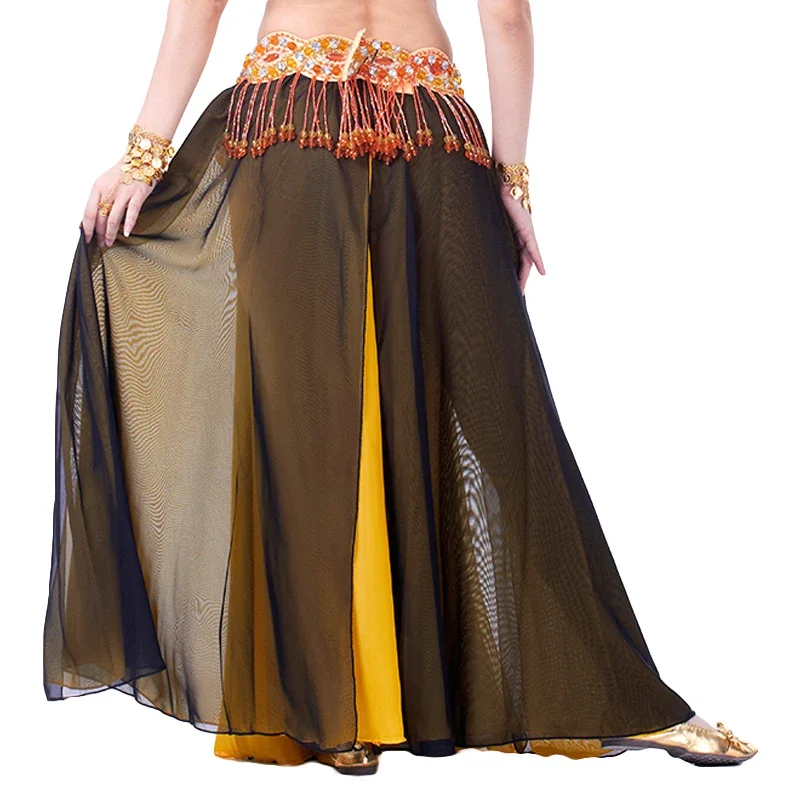 Belly Dance double Colors Chiffon Skirt Performance Belly Dance 2-side Slits Skirt Sexy Women Oriental Belly Dance Skirt NO belt