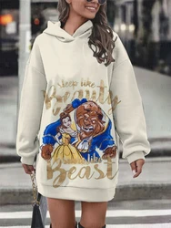 Disney Beauty and the Beast Women's Sweatshirt Dress Hooded Pullover Cartoon Fashion Print Casual Women's Sweatshirt Dress