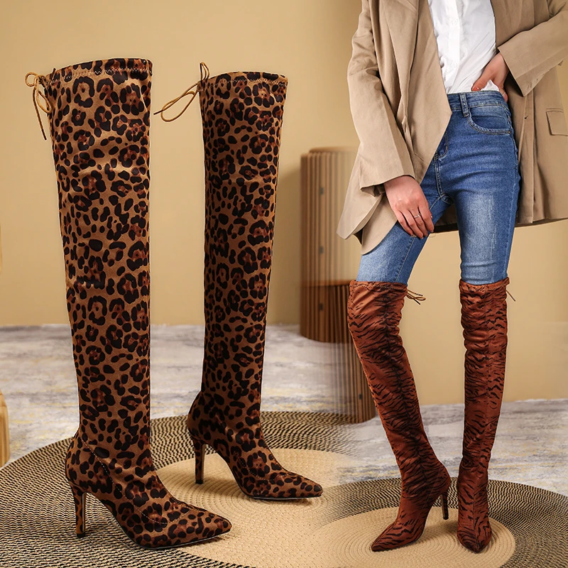 New Pointed Toe Sexy Over The Knee Thigh High Boots Fashion Women Leopard Print High Heels Women\'s Boots Plus Size 35-43