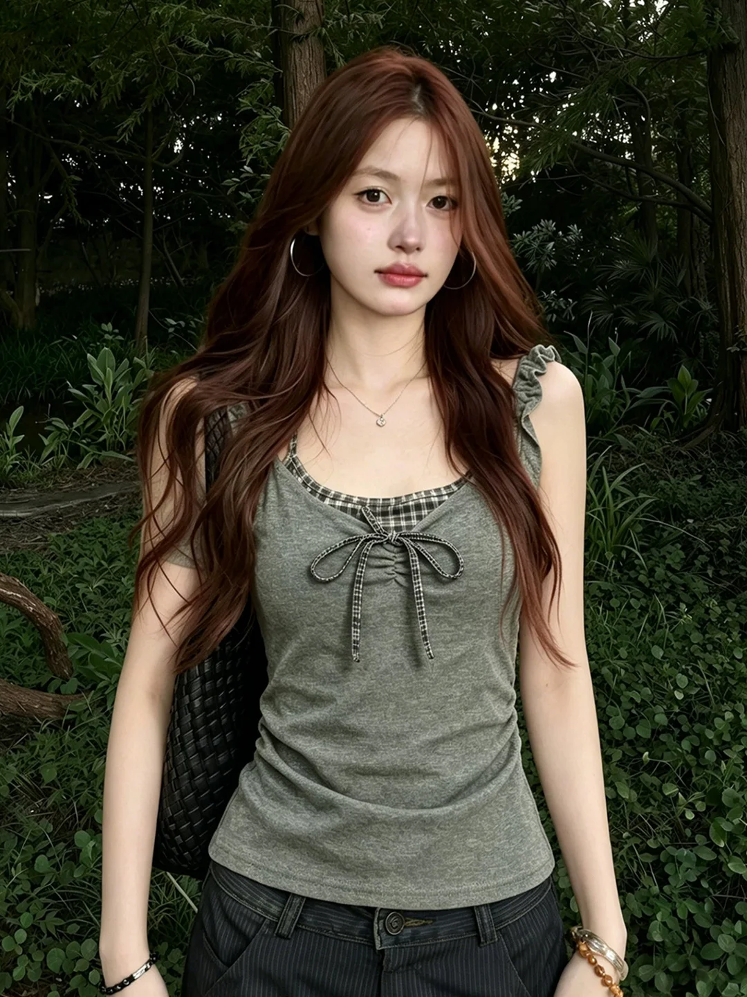 Summer New Design  Knot Plaid Strap Vest Women's Fashion Cotton V-neck Breathable Cool Salt Style Korean Top