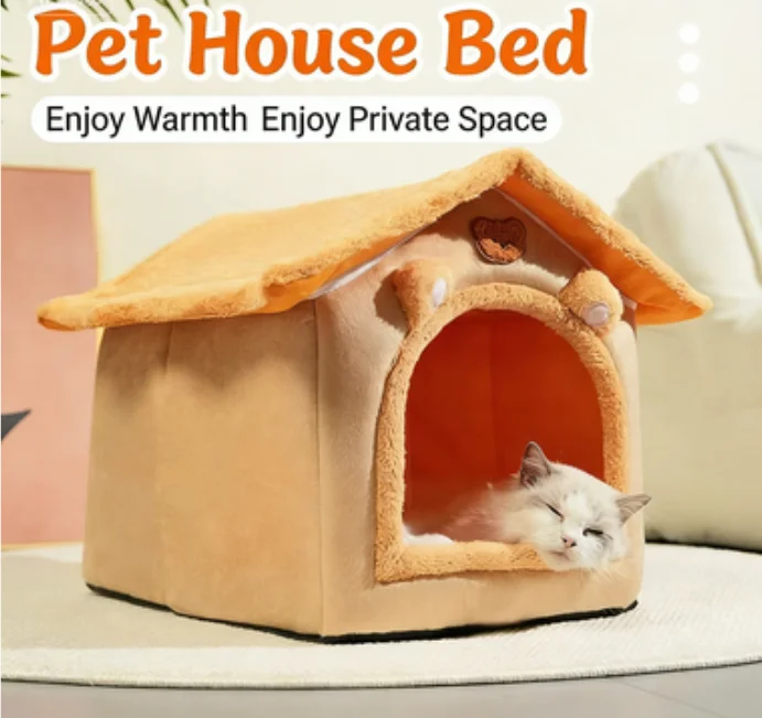 Cute House Shape Pet Bed, Warm Cave Bed for Cats Small Dogs, Cozy Private Space Nest